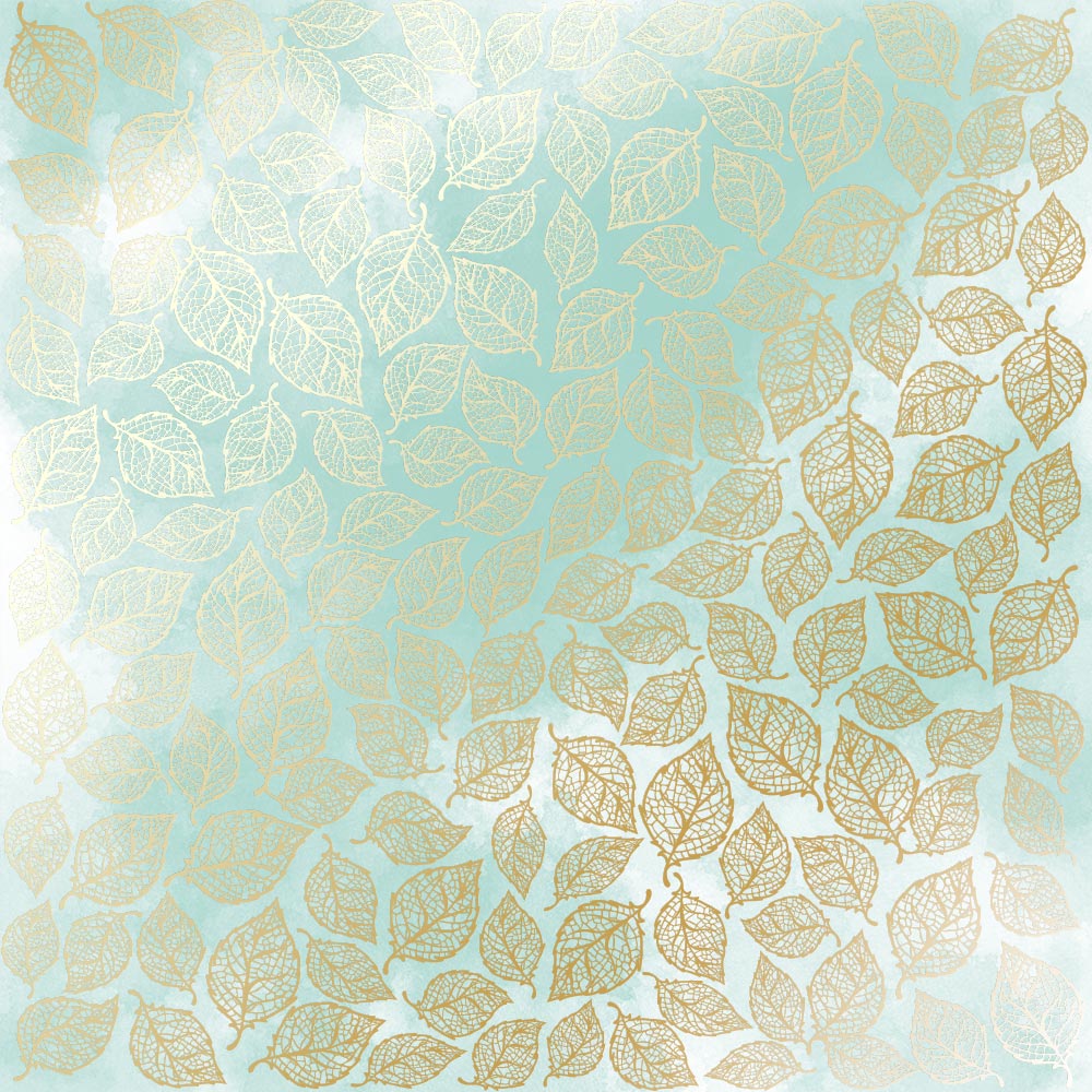 Blatt aus einseitigem Papier mit Goldfolienprägung, Muster Golden Leaves mini, Farbe Mint Aquarell - Fabrika Decoru