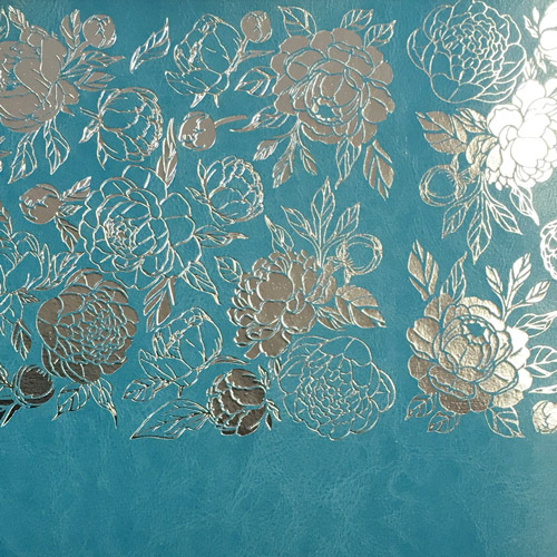Piece of PU leather for bookbinding with silver pattern Silver Peony Passion, color Turquoise, 50cm x 25cm - foto 1