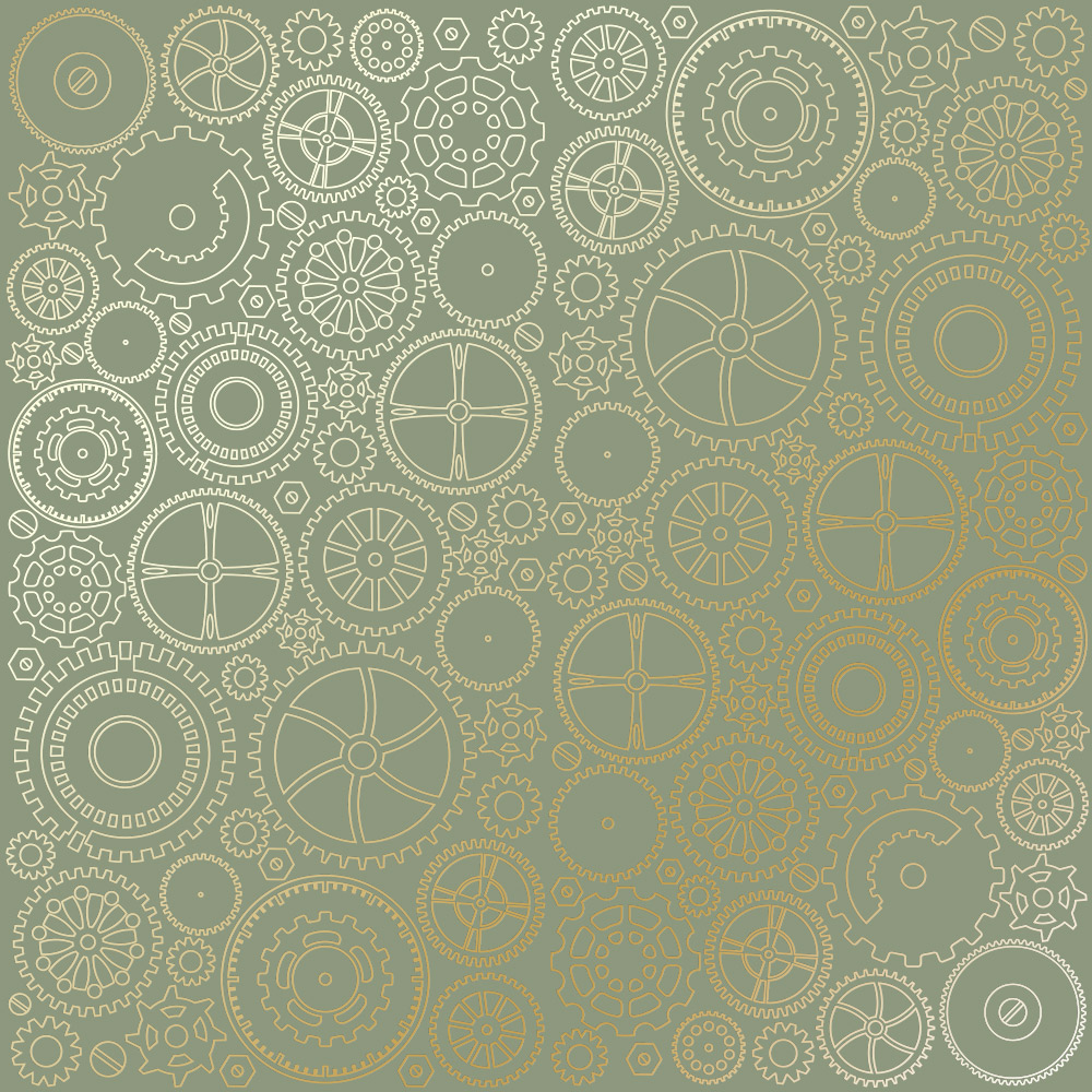 Sheet of single-sided paper with gold foil embossing, pattern Golden Gears Olive, 12"x12" 