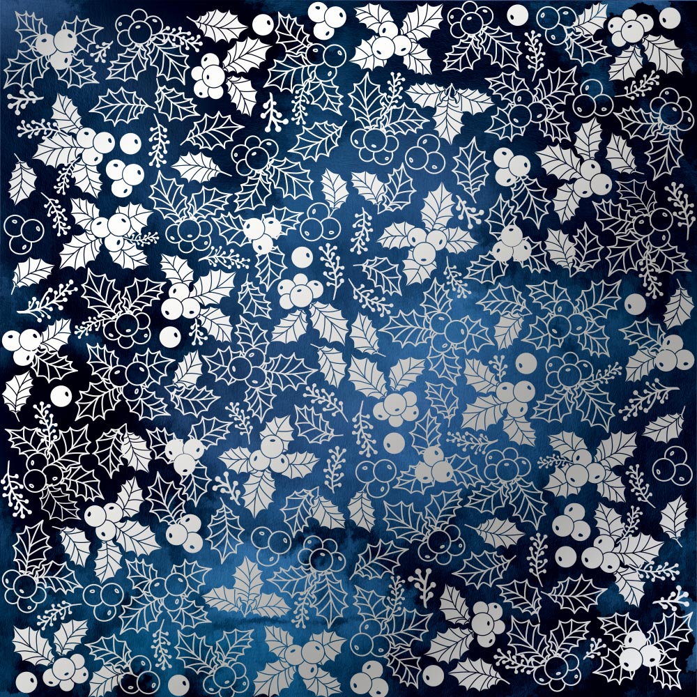 Sheet of single-sided paper embossed with silver foil, pattern Silver Winterberries Dark blue 12"x12" 