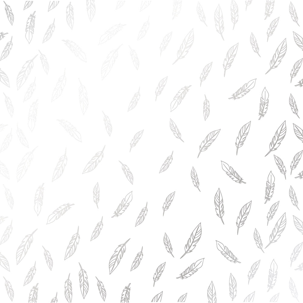 Sheet of single-sided paper embossed with silver foil, pattern Silver Feather White 12"x12" 