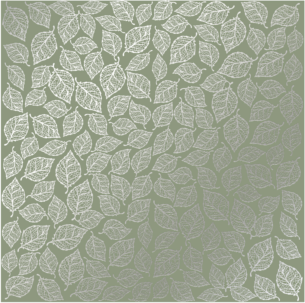 лист односторонней бумаги с серебряным тиснением, дизайн silver leaves mini, olive, 30,5см х 30,5см