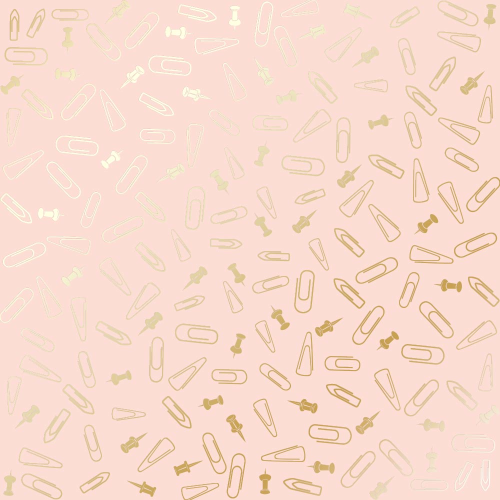 Sheet of single-sided paper with gold foil embossing, pattern Golden Drawing pins and paperclips, color Peach
