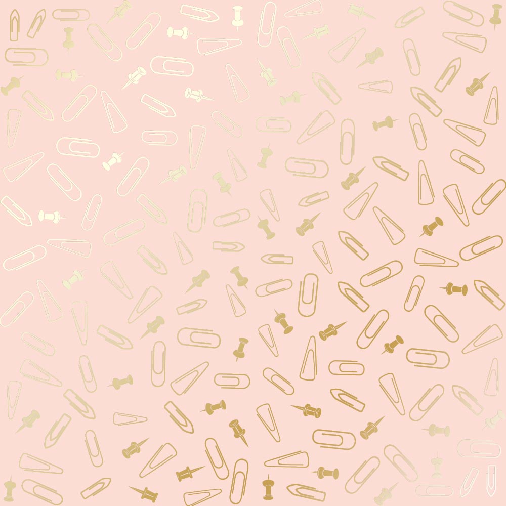 Sheet of single-sided paper with gold foil embossing, pattern Golden Drawing pins and paperclips, color Peach