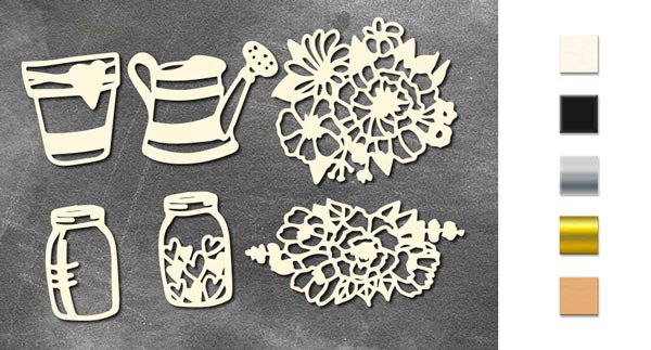 Chipboard embellishments set, Jars, watering can, glass and flowers #779