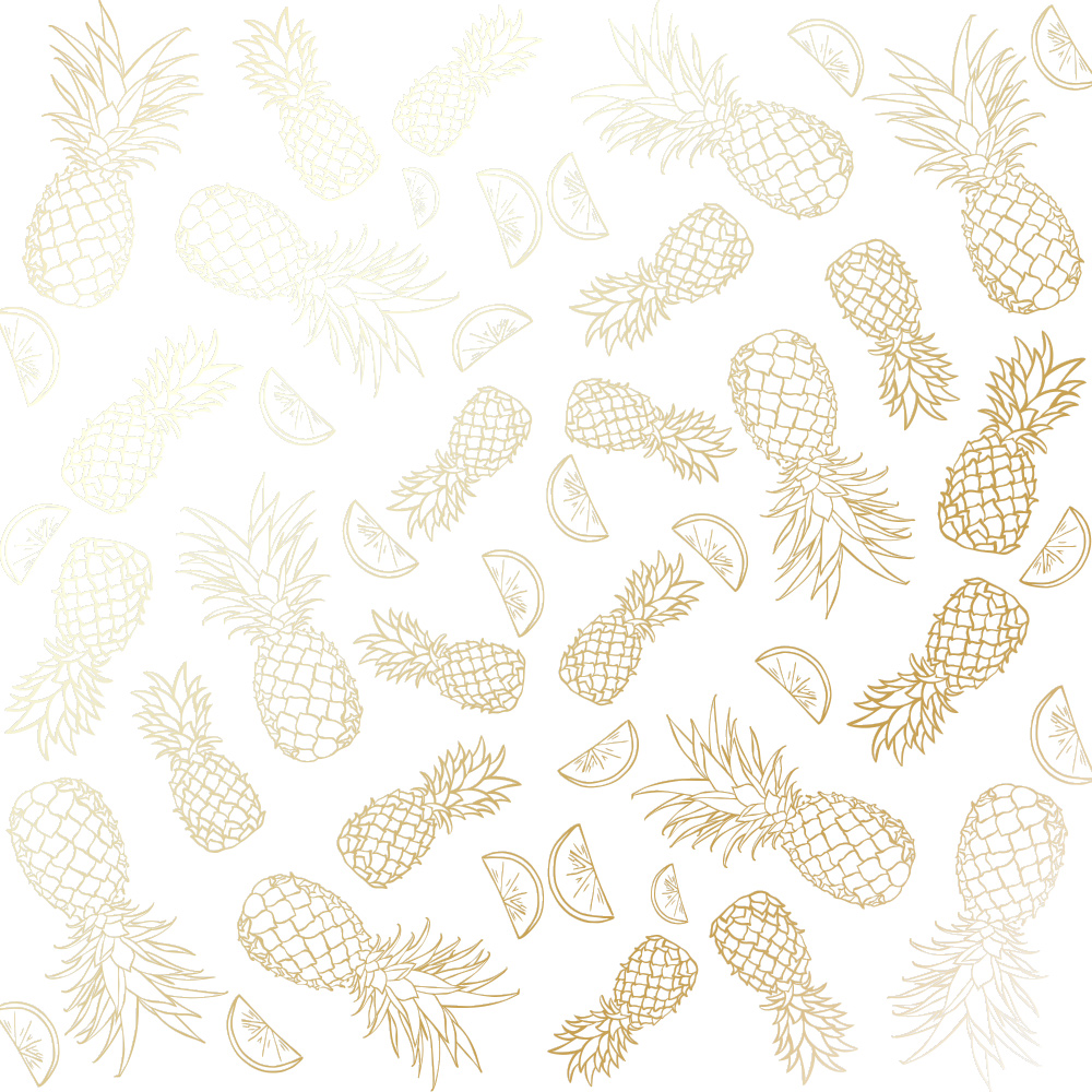 Blatt aus einseitigem Papier mit Goldfolienprägung, Muster Goldene Ananas, Weiß, 12"x12" - Fabrika Decoru