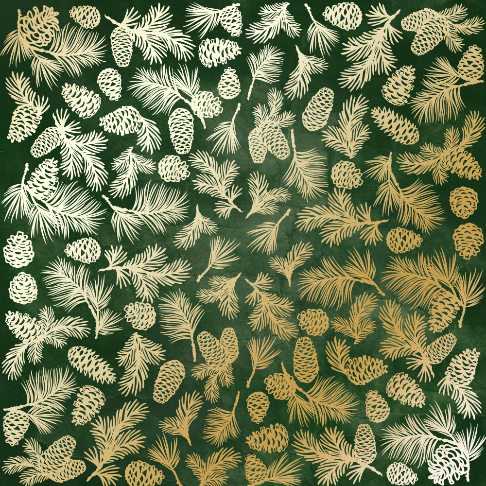 лист односторонней бумаги с фольгированием, дизайн golden pine cones dark green aquarelle, 30,5см х 30,5см