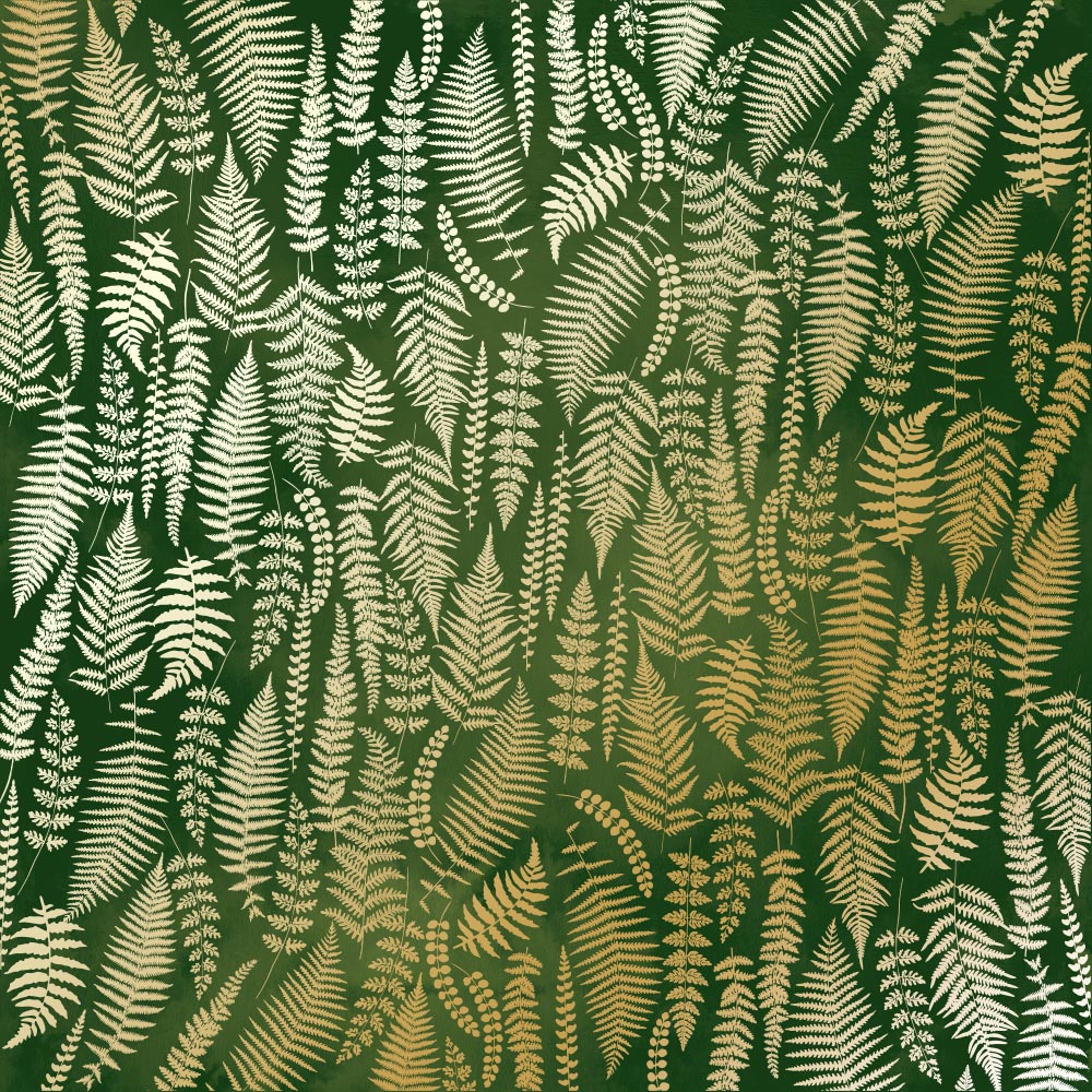 Blatt aus einseitigem Papier mit Goldfolienprägung, Muster Goldfarn, Farbe Grün Aquarell - Fabrika Decoru