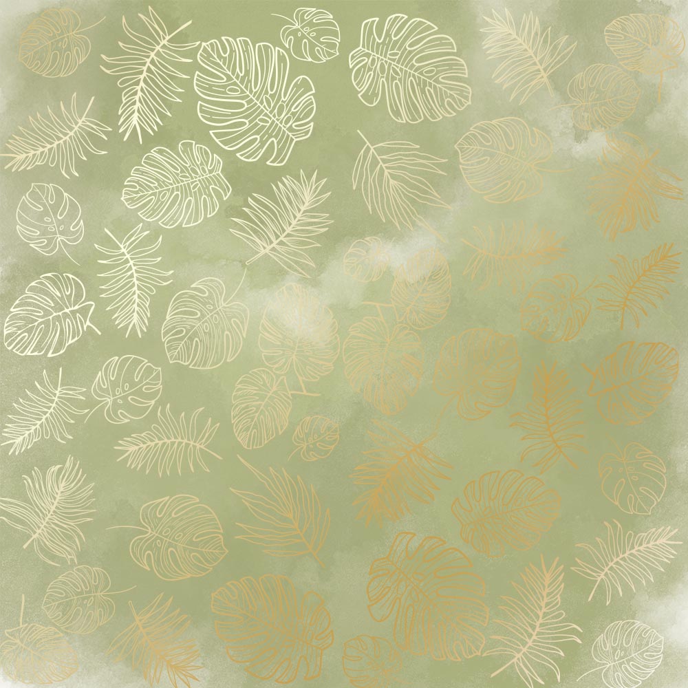 Sheet of single-sided paper with gold foil embossing, pattern Golden Tropical Leaves, color Olive watercolor, 12"x12"