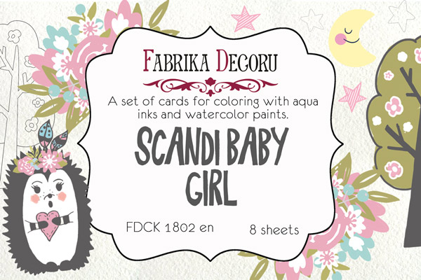 Zestaw pocztówek "Scandi Baby Girl" do kolorowania atramentem akwarelowym EN - Fabrika Decoru