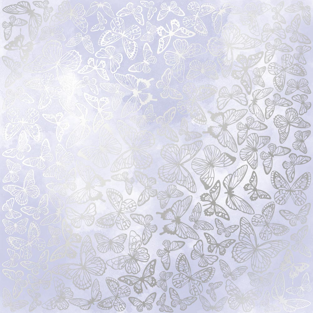 Einseitig bedrucktes Blatt Papier mit Silberfolie, Muster Silberne Schmetterlinge, Farbe Flieder Aquarell 12"x12" - Fabrika Decoru