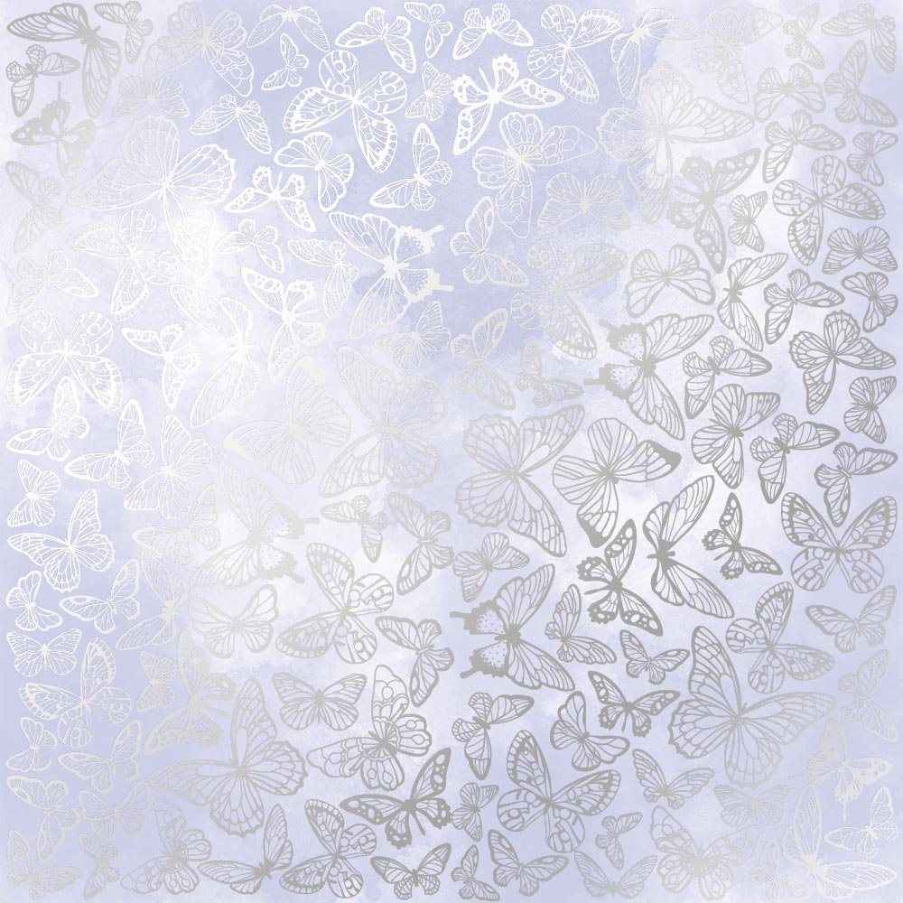 Sheet of single-sided paper embossed with silver foil, pattern Silver Butterflies, color Lilac watercolor 12"x12" 