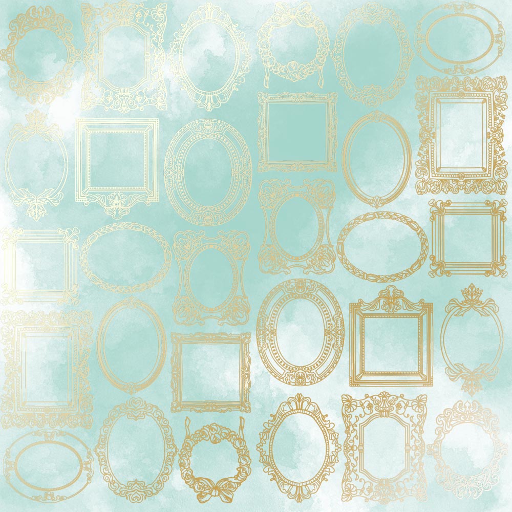 Einseitig bedruckter Papierbogen mit Goldfolienprägung, Muster "Goldene Rahmen, Farbe Mint Aquarell" - Fabrika Decoru