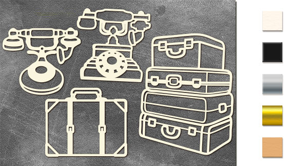Chipboard embellishments set, Vintage phones and suitcases  #670