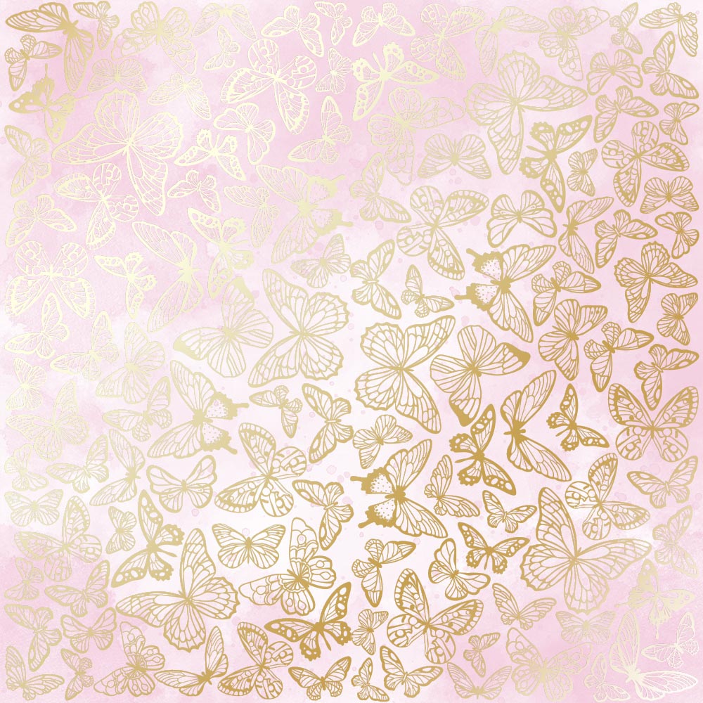 Einseitig bedruckter Papierbogen mit Goldfolienprägung, Muster "Goldene Schmetterlinge, Farbe Vintage Pink Watercolor" - Fabrika Decoru