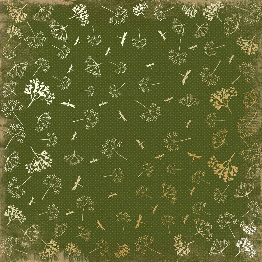Sheet of single-sided paper with gold foil embossing, pattern Golden Dill Botany summer Green, 12"x12"