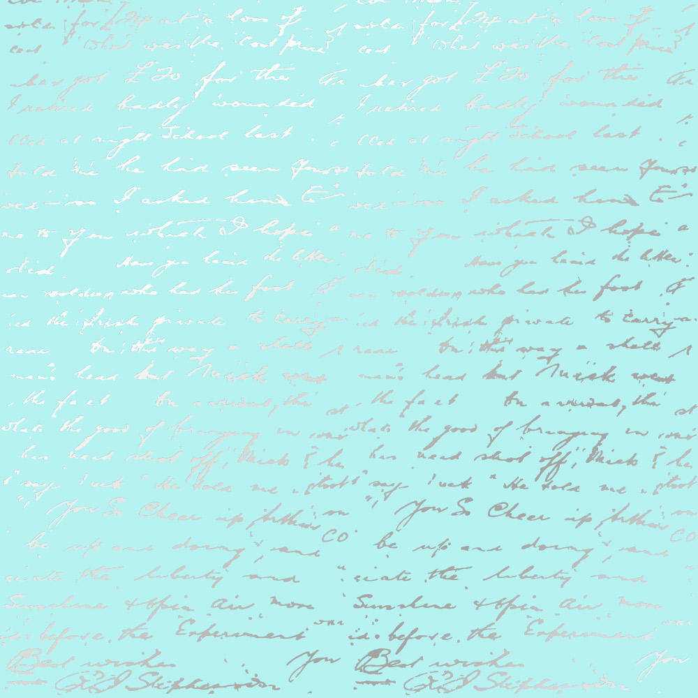 Sheet of single-sided paper embossed with silver foil, pattern Silver Text Turquoise 12"x12" 