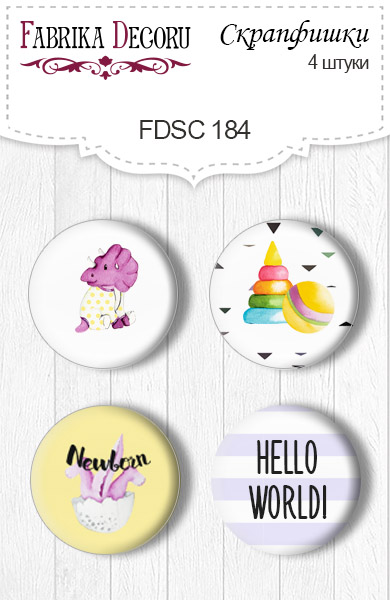 Set mit 4 Flair-Buttons zum Scrapbooking „Dino Baby 2“ EN #184 - Fabrika Decoru