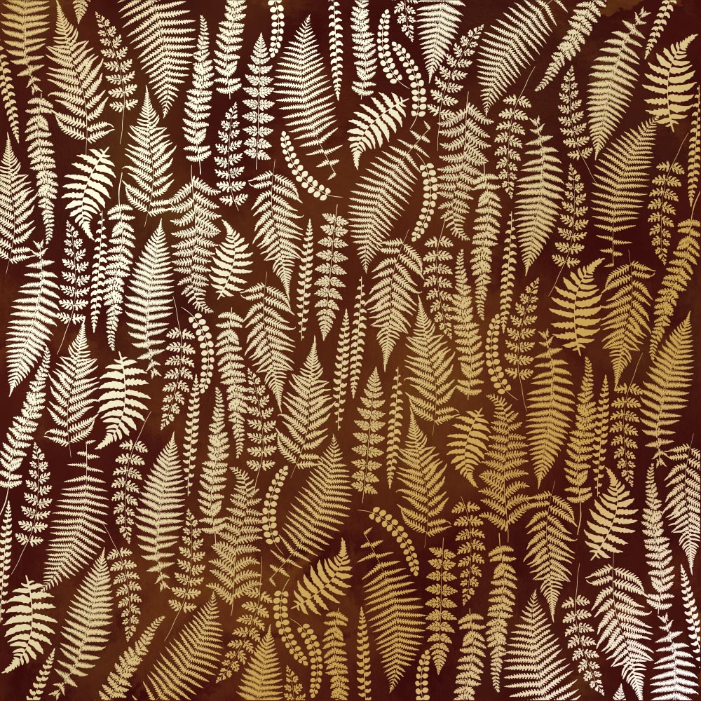 Blatt aus einseitig bedrucktem Papier mit Goldfolienprägung, Muster Goldfarn, Farbe Braun Aquarell - Fabrika Decoru