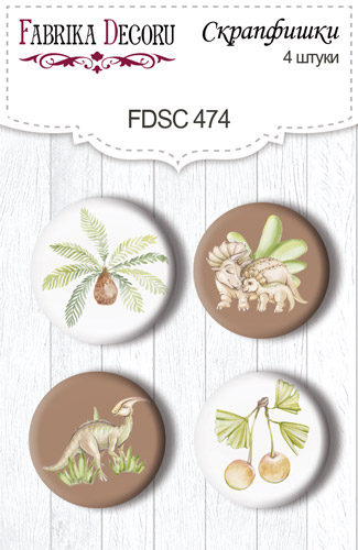 Set mit 4 Flair-Buttons zum Scrapbooking von Dinosauria #474 - Fabrika Decoru