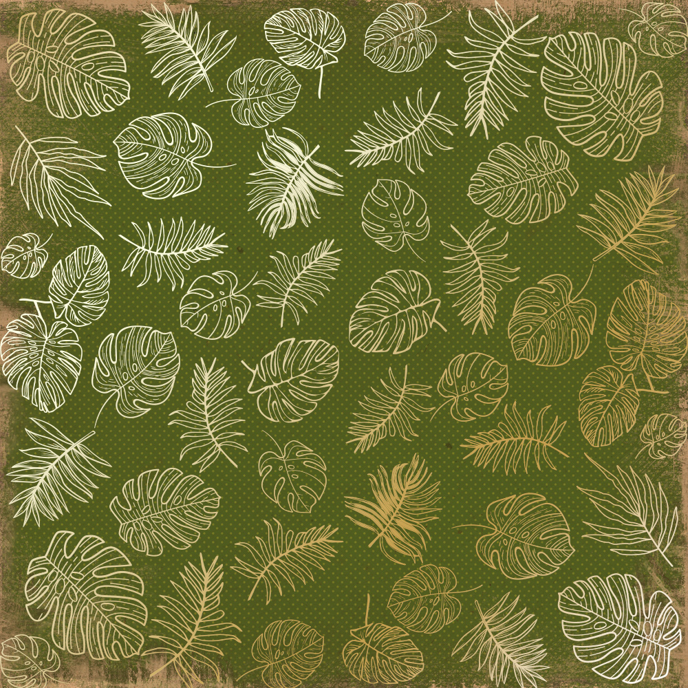 Blatt einseitig bedrucktes Papier mit Goldfolienprägung, Muster Golden Tropical Leaves Botany Summer 1, 12"x12" - Fabrika Decoru