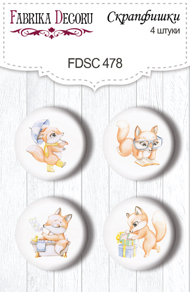 Set mit 4 Flair-Buttons zum Scrapbooking. Lustiger Fuchsjunge #478 - Fabrika Decoru