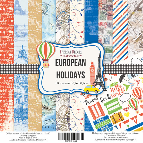 Double-sided scrapbooking paper set European holidays 8"x8", 10 sheets