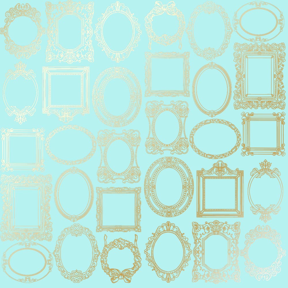 Sheet of single-sided paper with gold foil embossing, pattern "Golden Frames Turquoise"