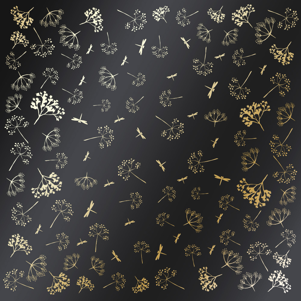 Blatt aus einseitigem Papier mit Goldfolienprägung, Muster Golden Dill Black, 12"x12" - Fabrika Decoru