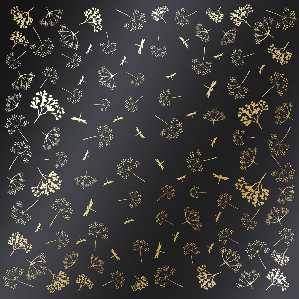 Sheet of single-sided paper with gold foil embossing, pattern Golden Dill Black, 12"x12"