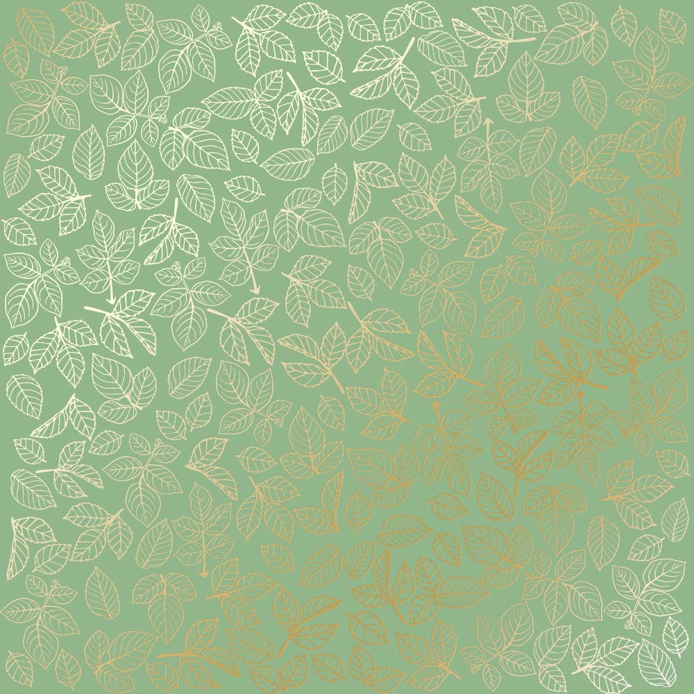 Einseitig bedruckter Papierbogen mit Goldfolienprägung, Muster "Goldene Rosenblätter, Farbe Avocado" - Fabrika Decoru
