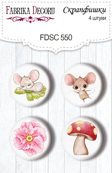 Set mit 4 Flair-Buttons zum Scrapbooking Happy Mouse Day #550 - Fabrika Decoru