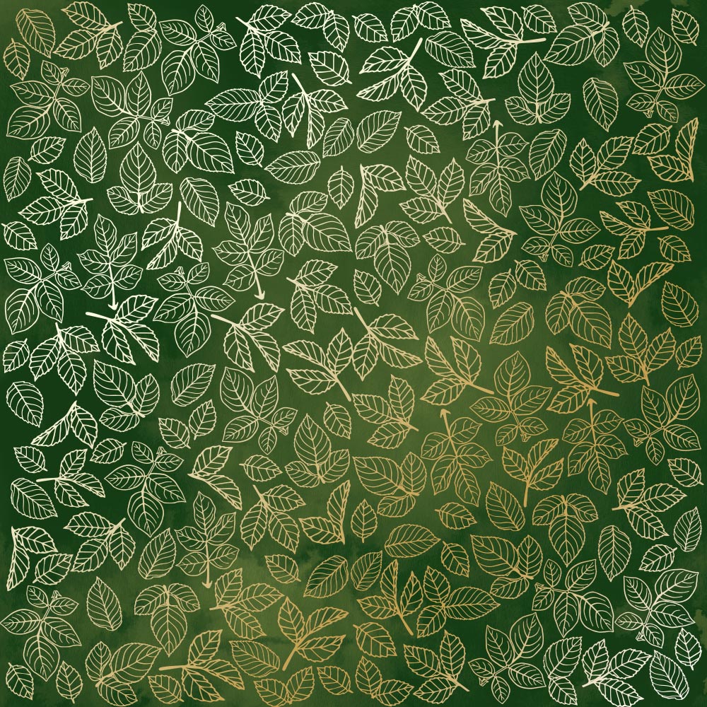 Sheet of single-sided paper with gold foil embossing, pattern "Golden Rose leaves, color Green aquarelle"