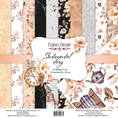 Double-sided scrapbooking paper set Sentimental story 8"x8", 10 sheets