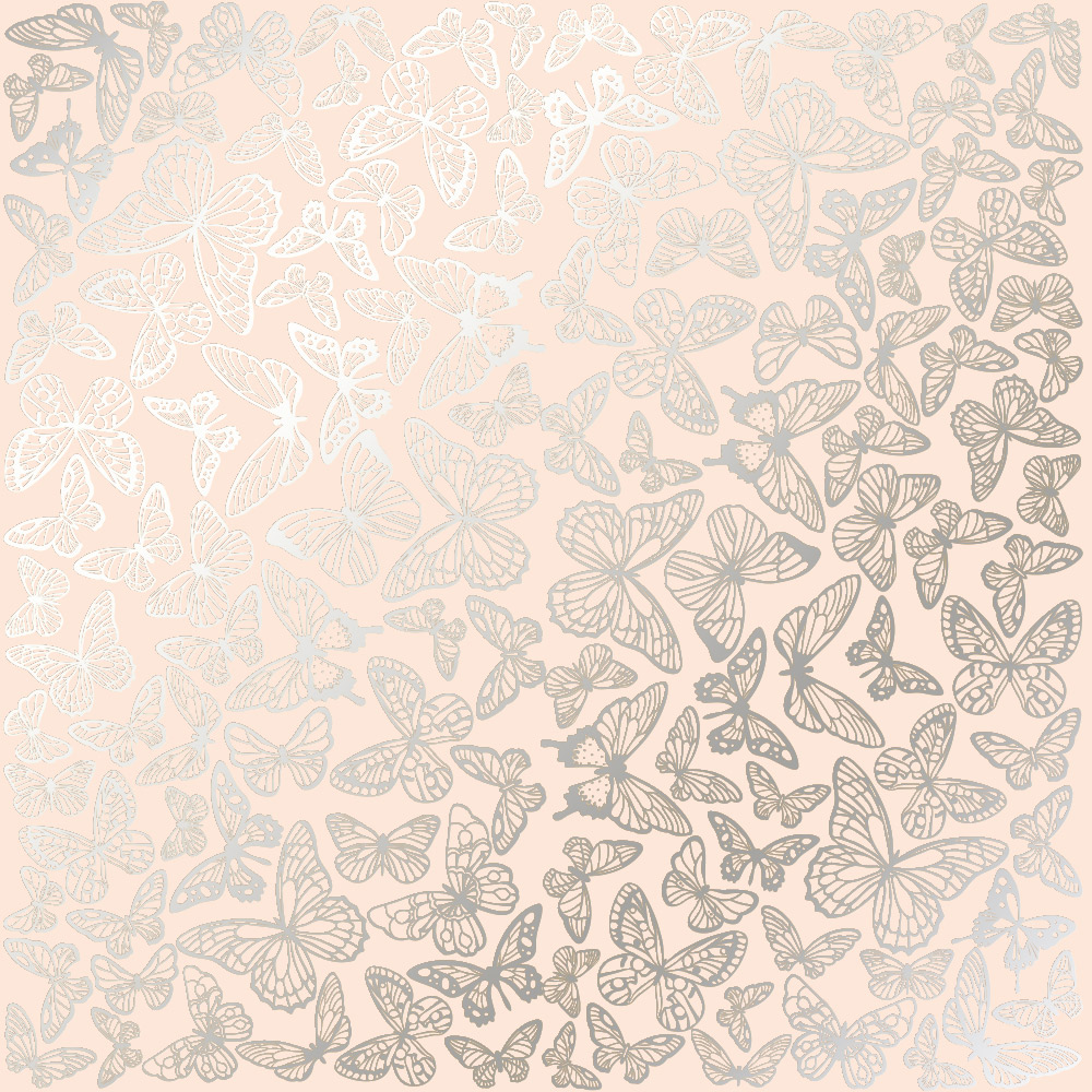 Sheet of single-sided paper embossed with silver foil, pattern Silver Butterflies Beige 12"x12" 