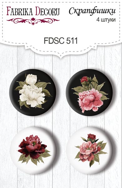 Set mit 4 Flair-Buttons zum Scrapbooking von Peony passion #511 - Fabrika Decoru