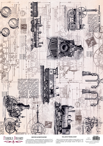 Arkusz kalki z nadrukiem, Deco Vellum, format A3 (11,7" х 16,5"), "Vintage Locomotives" - Fabrika Decoru