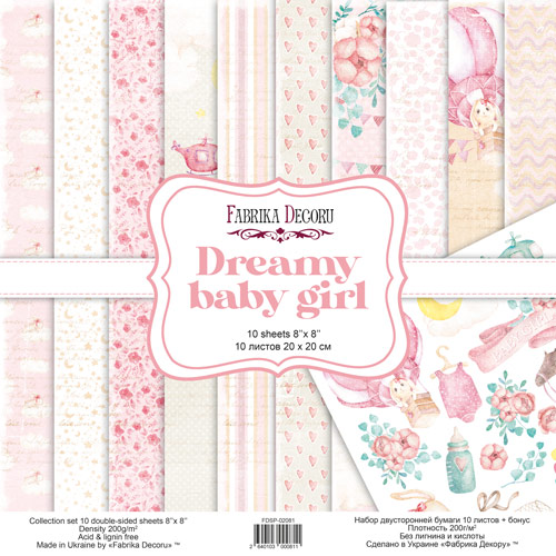 Doppelseitiges Scrapbooking-Papierset Dreamy Baby Girl 20 cm x 20 cm, 10 Blätter - Fabrika Decoru