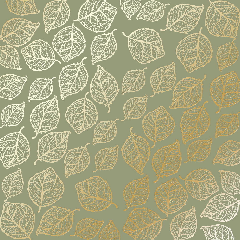 Einseitig bedrucktes Blatt Papier mit Goldfolienprägung, Muster Golden Delicate Leaves Olive, 12"x12" - Fabrika Decoru