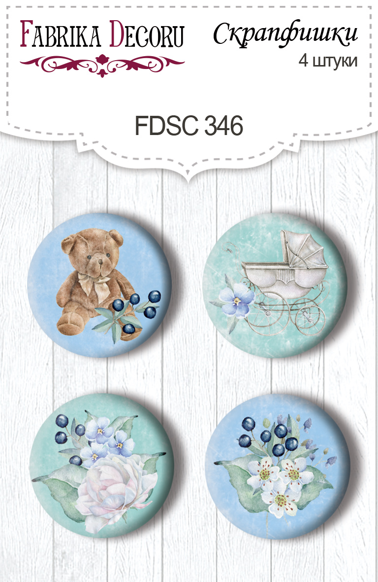 Set mit 4 Flair-Knöpfen zum Scrapbooking "Shabby Baby Boy Redesign 1" #346 - Fabrika Decoru