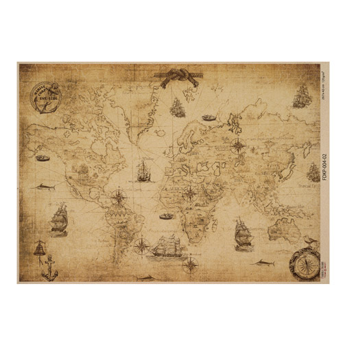 лист крафт бумаги с рисунком maps of the seas and continents #02, 42x29,7 см