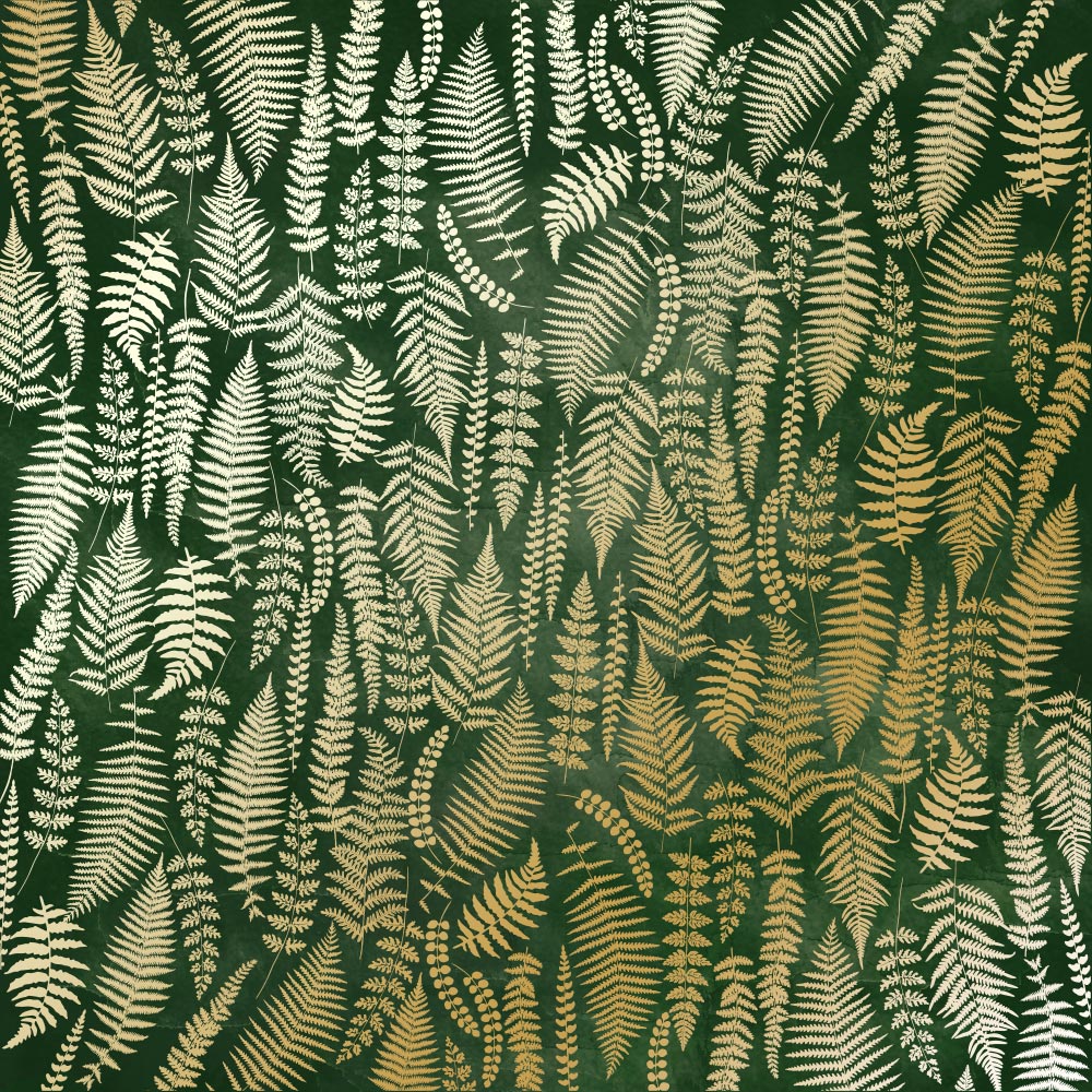 Blatt aus einseitigem Papier mit Goldfolienprägung, Muster Goldfarn, Farbe Dunkelgrünes Aquarell - Fabrika Decoru