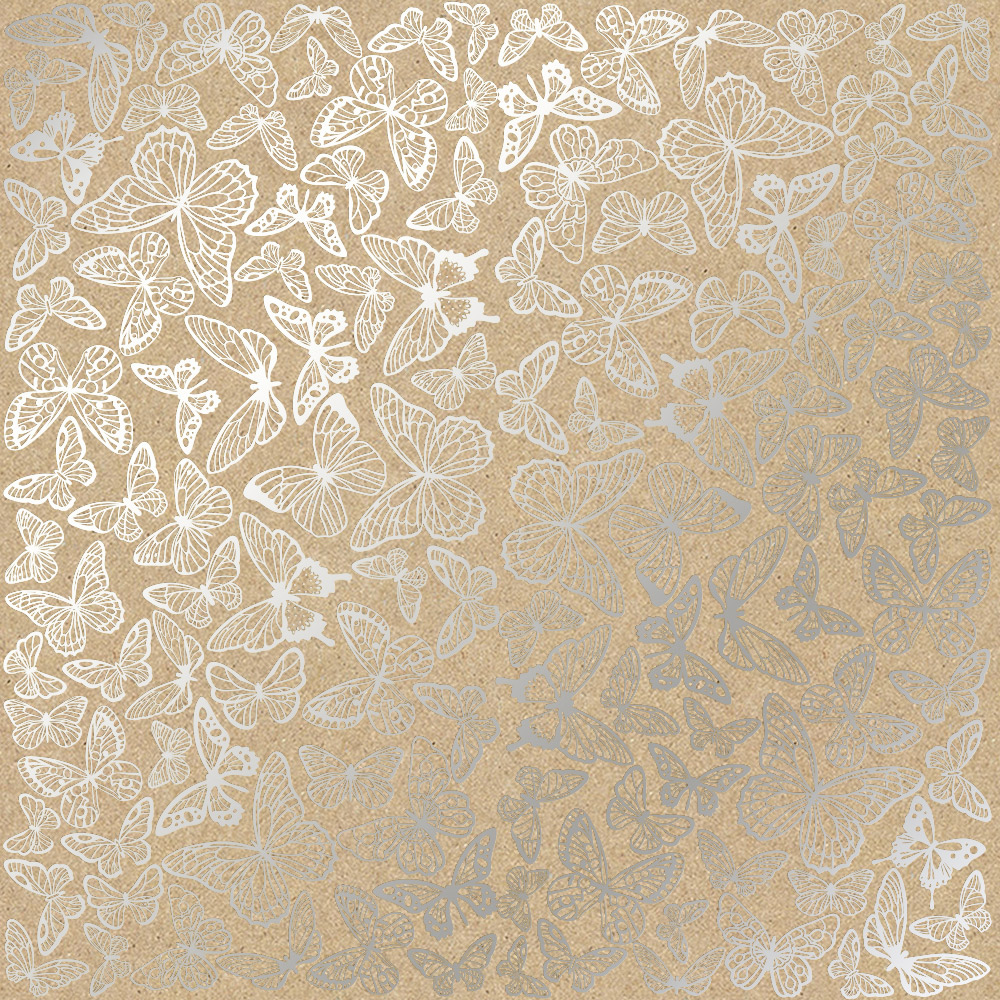 Sheet of single-sided paper embossed with silver foil, pattern Silver Butterflies Kraft 12"x12" 