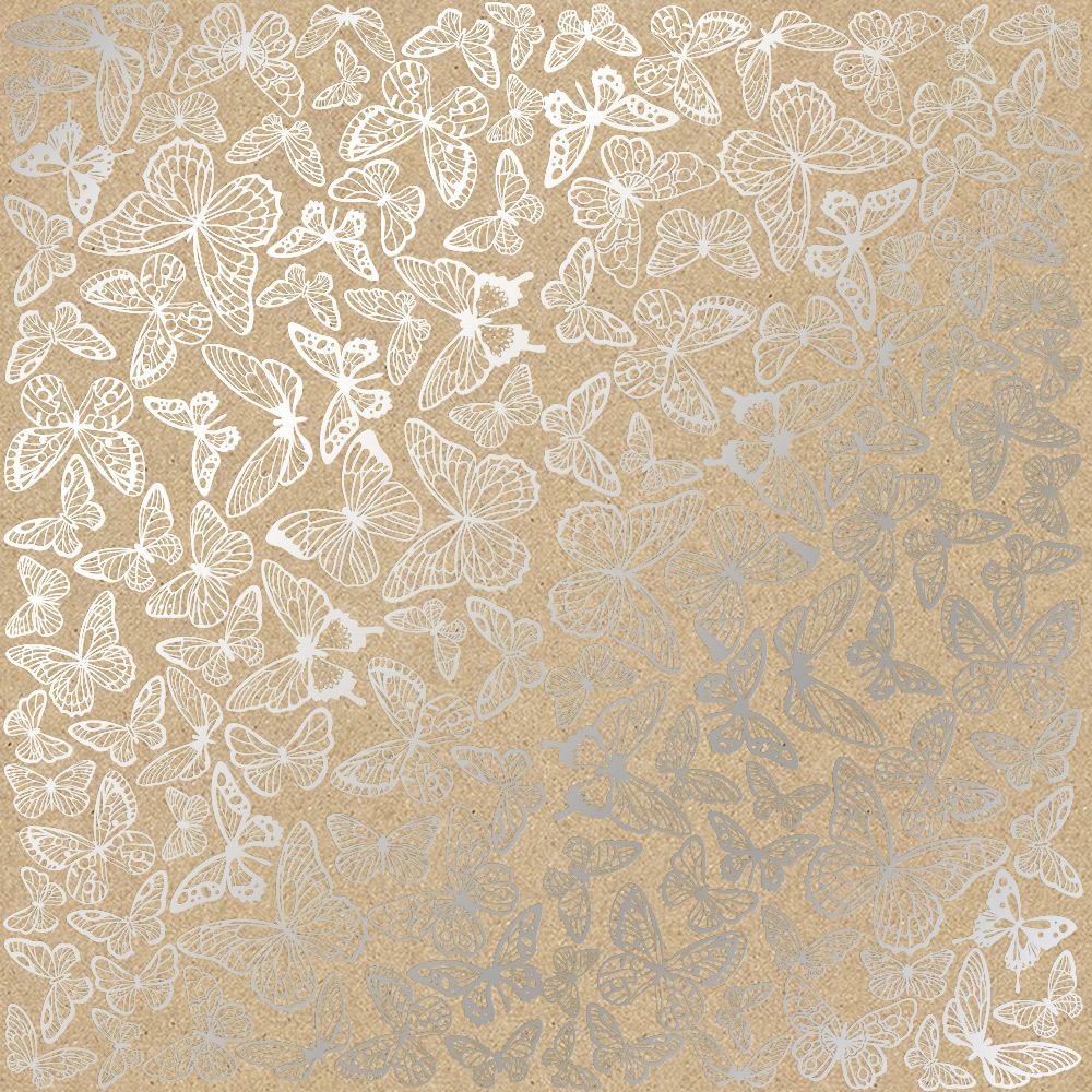 Sheet of single-sided paper embossed with silver foil, pattern Silver Butterflies Kraft 12"x12" 