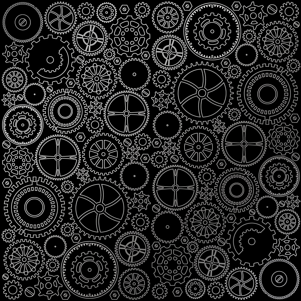 Sheet of single-sided paper embossed with silver foil, pattern Silver Gears Black 12"x12" 