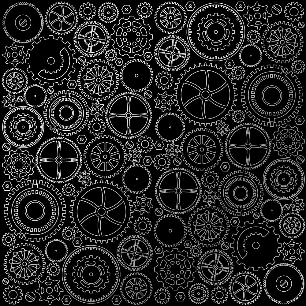 Einseitig bedrucktes Blatt Papier mit Silberfolie, Muster Silver Gears Black 12"x12" - Fabrika Decoru