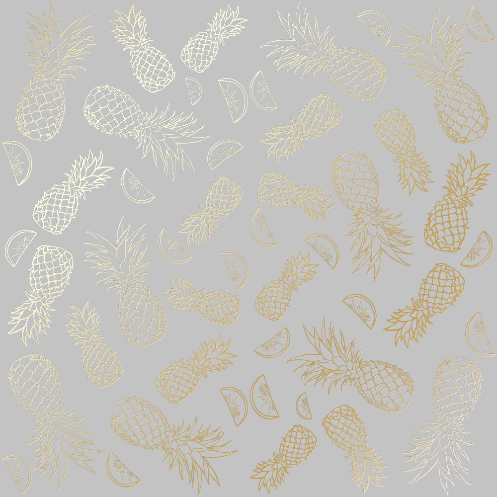 Sheet of single-sided paper with gold foil embossing, pattern Golden Pineapple Gray, 12"x12"