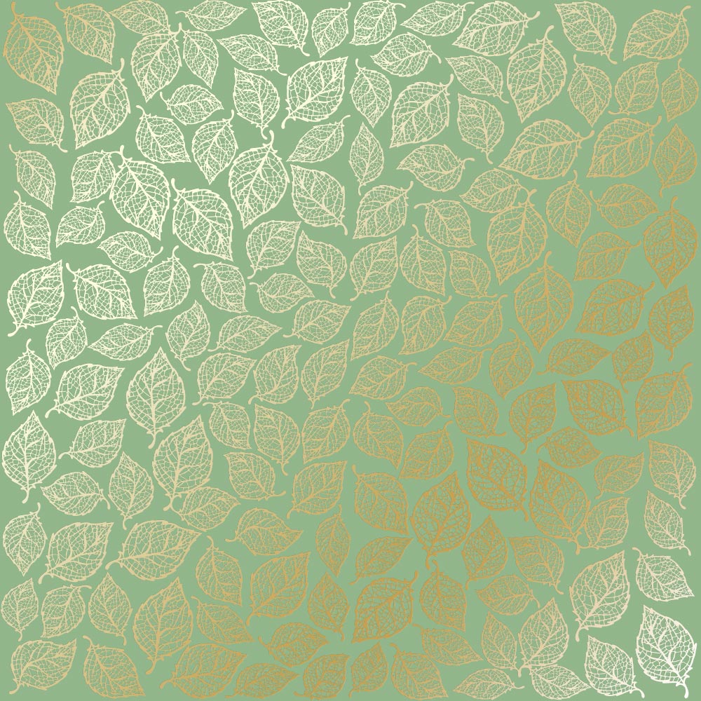 Sheet of single-sided paper with gold foil embossing, pattern Golden Leaves mini, color Avocado"