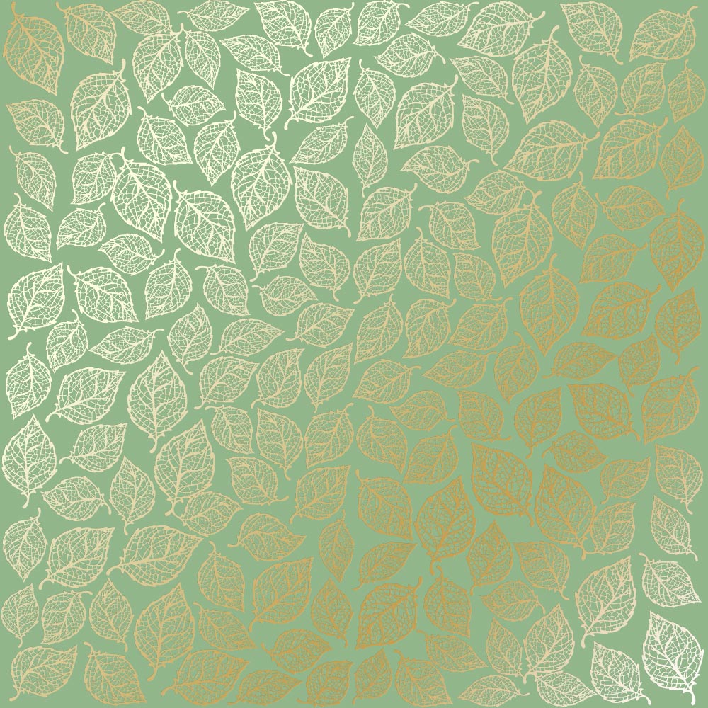 Sheet of single-sided paper with gold foil embossing, pattern Golden Leaves mini, color Avocado"