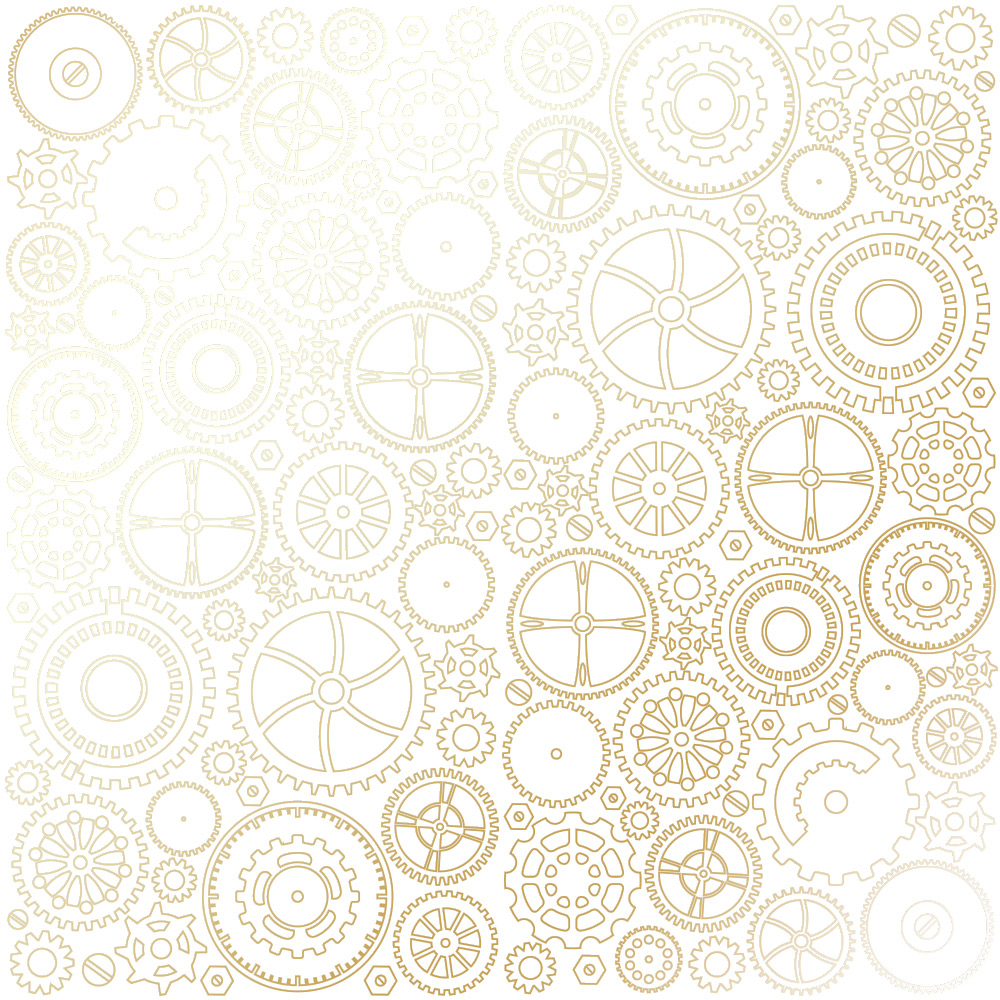 Sheet of single-sided paper with gold foil embossing, pattern Golden Gears White, 12"x12"
